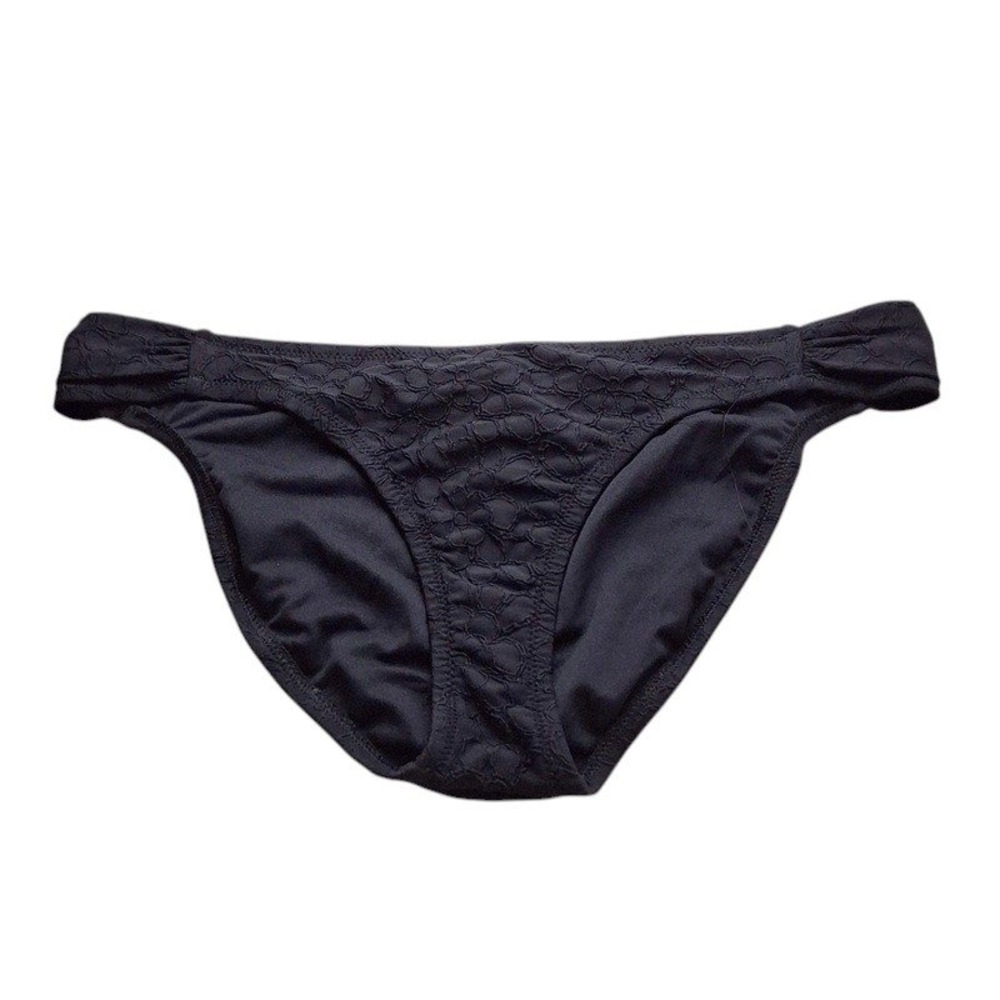 Jessica Simpson Womens Bikini Bottom L Black Textured Floral Ruched Sides Chic